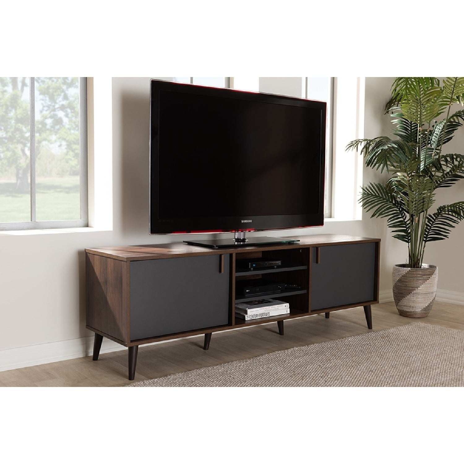 Baxton Studio Samuel Mid-Century Modern Brown and Dark Grey Finished TV Stand