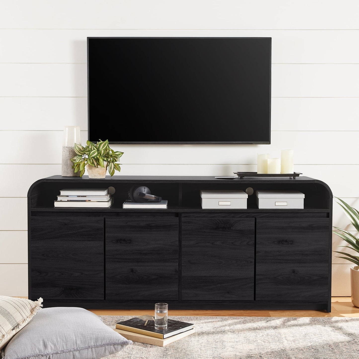 Better Homes & Gardens Juliet Curved TV Stand for TVs up to 75", Light Honey Finish