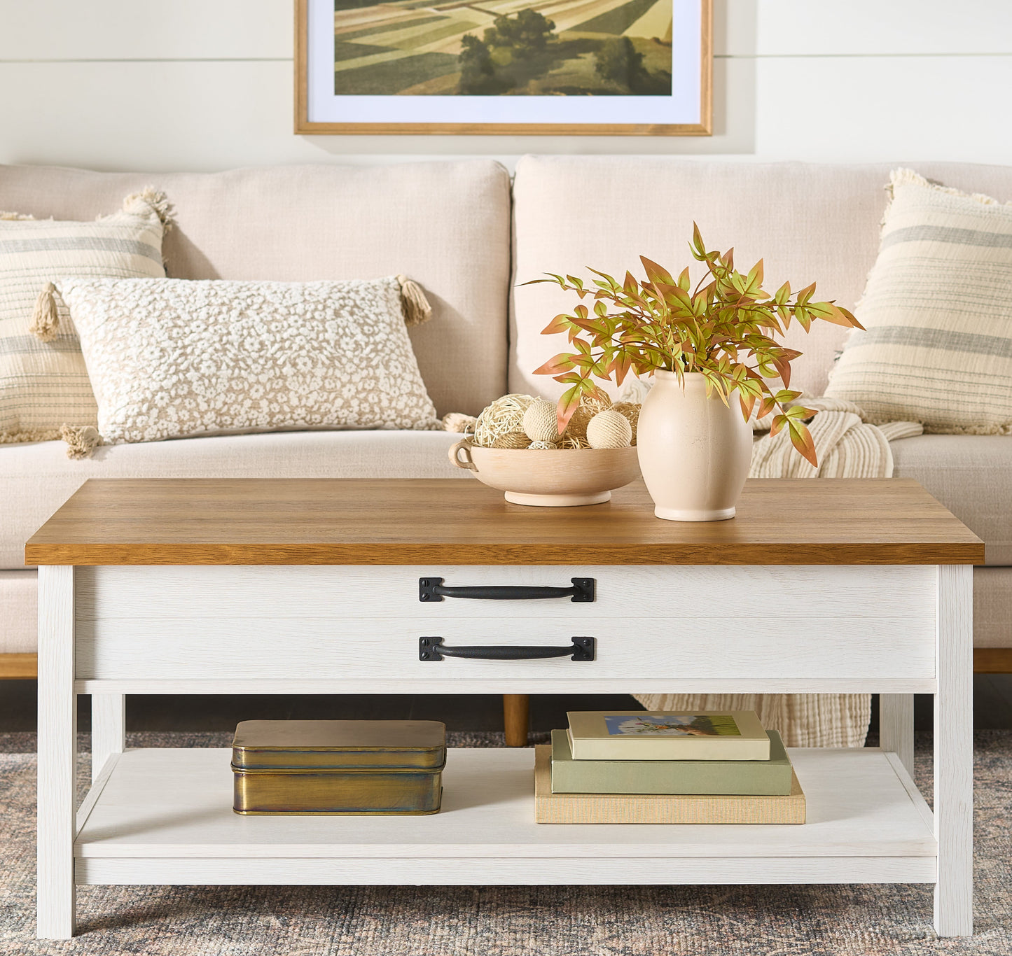 Better Homes & Gardens Modern Farmhouse Coffee Table, Alabaster and Light Honey Finish