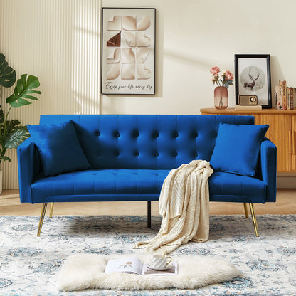 Bianlte Modern Velvet Futon Sofa Bed,Convertible Sleeper Sofa Couch with 3 Adjustable Couch Loveseat with Metal Leg for Living Room and Bedroom,Blue