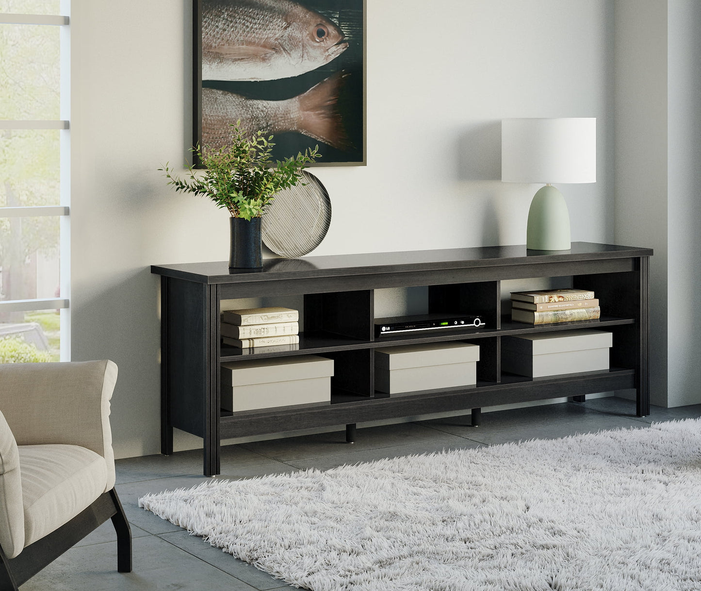 Black TV Stand for 75 Inch TV, Farmhouse Wood TV Cabinet with 6 Cubby for Living Room Bedroom,70 inch