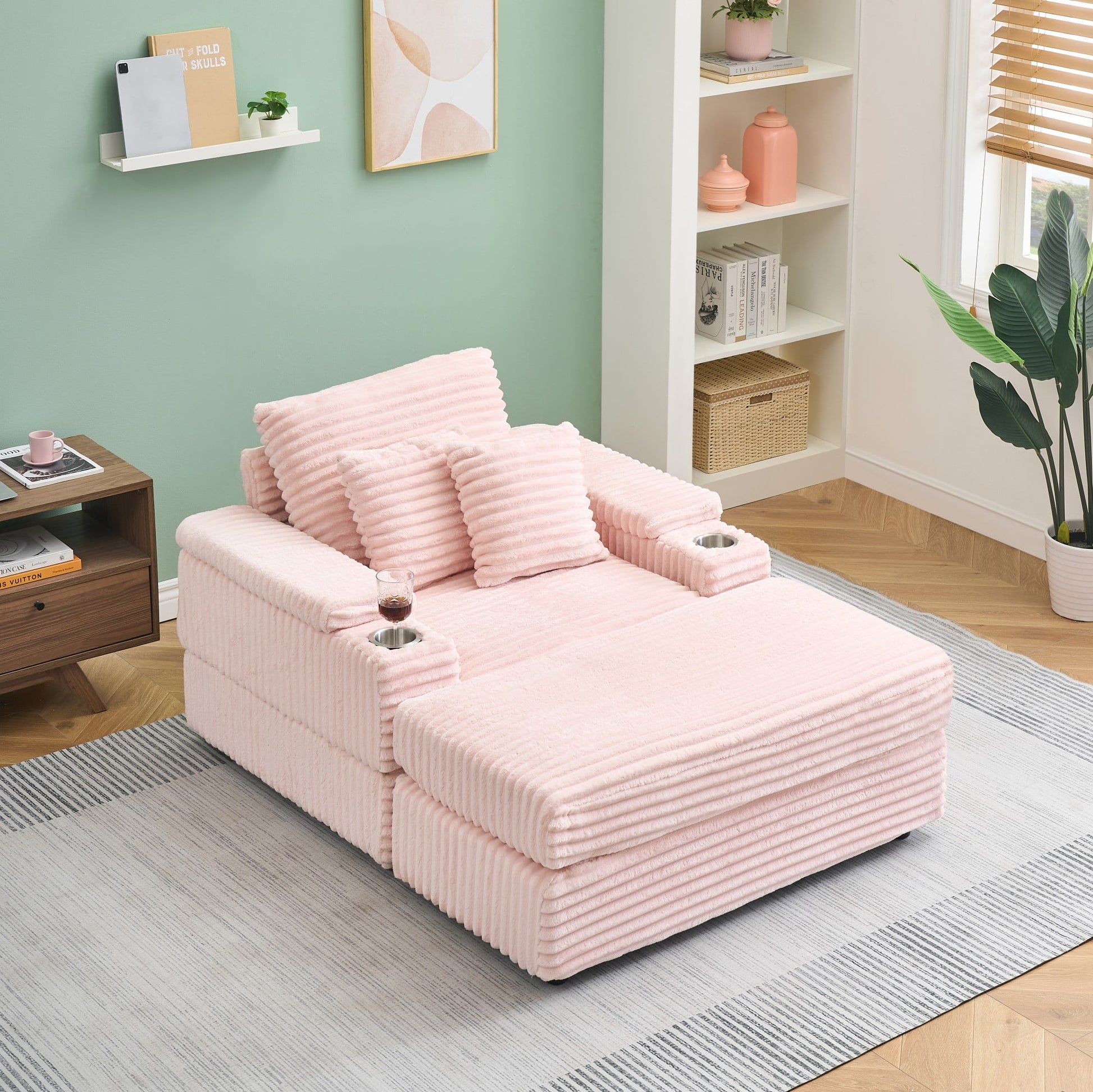 Chaise Lounge Chair,Corduroy Upholstered Sofa Bed with 3 Throw Pillows,Sleeper Reading Chair for Living Room,Bedroom,Pink