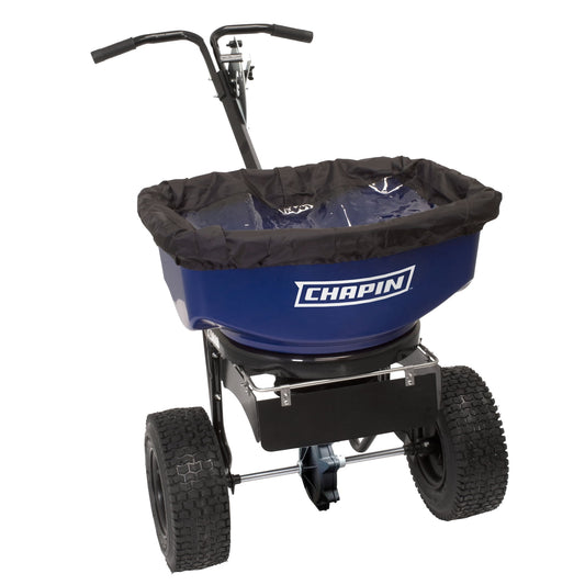 Chapin 82088 80-Pound Commercial Sure Spread Ice Melt Walk Behind Spreader with 360-degree Baffles, Enclosed Gear System and includes Cover and Salt Grate, Blue