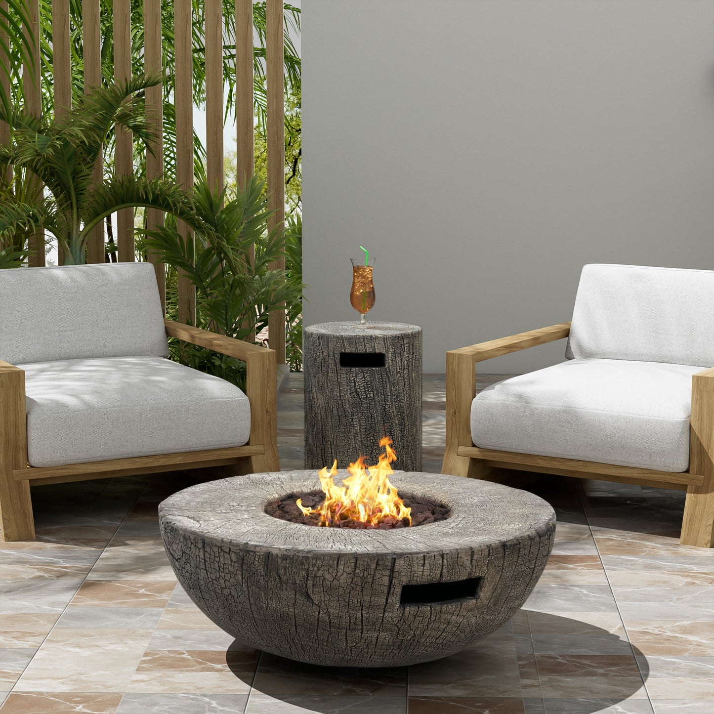 Christopher Knight Home 28" Patio MGO Propane Fire Pit Set, 30,000 BTU Round Heater with Tank Cover, Light Grey