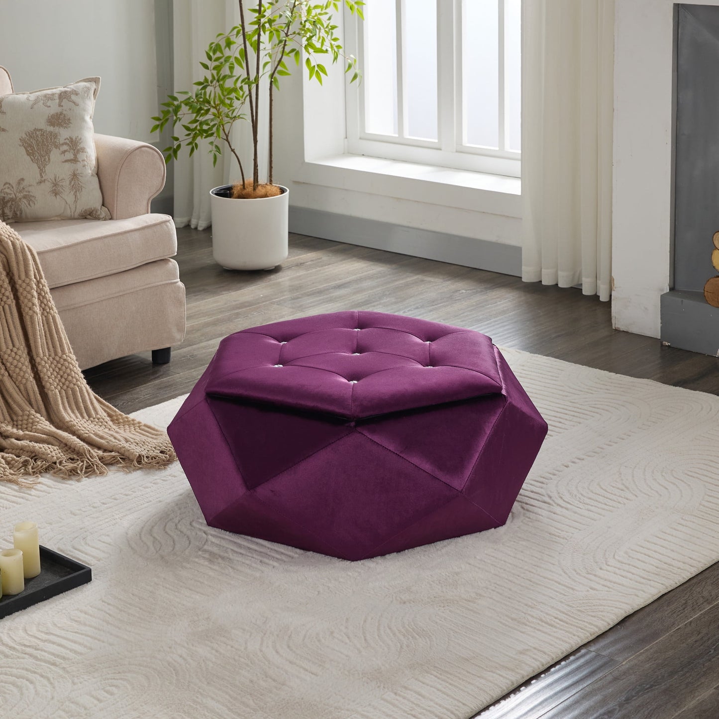 Christopher Knight Home Velvet Polygon Storage Ottoman, Diamond Button Tufted Footrest, Purple