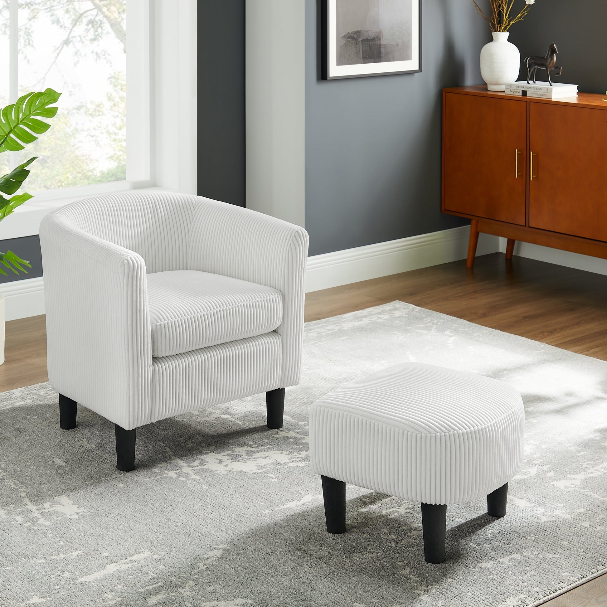 DEALTOPS Corduroy Accent Chair with Ottoman,Upholstered Arm Chair Single Sofa Chair Foot Rest Comfy Armchair for Living Room Bedroom and Office,White