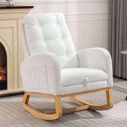 DEALTOPS Rocking Accent Chair with Footrest High Back Rubber Wood Legs for Bedroom Living Space-White