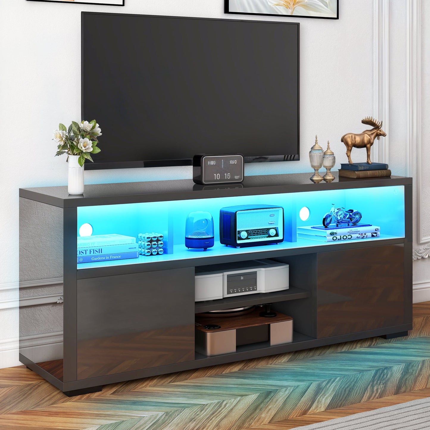Dextrus High Gloss TV Stand with LED Ambient Lights, Modern TV Stand with Open Shelf Storage Cabinet for 62 inch TV, White