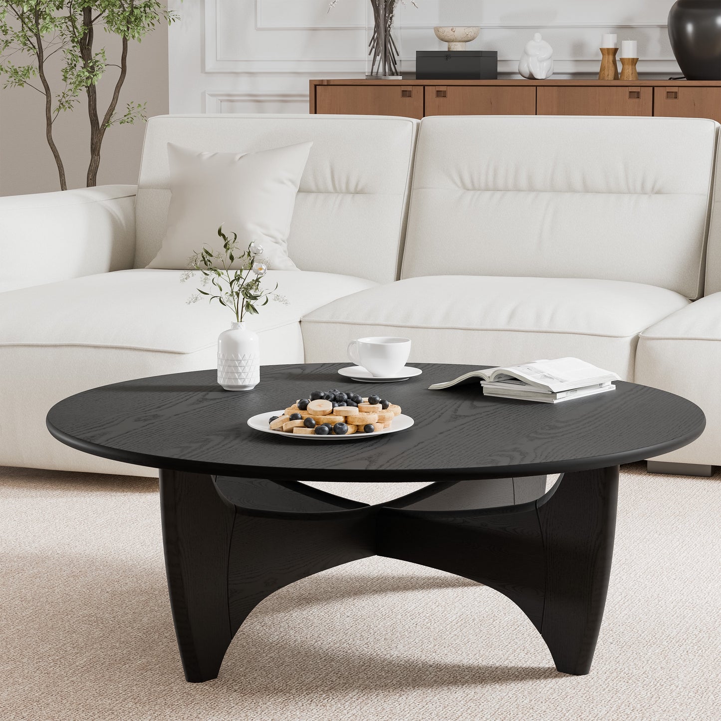 Dovelina 38" Roud Wooden Coffee Table, Black