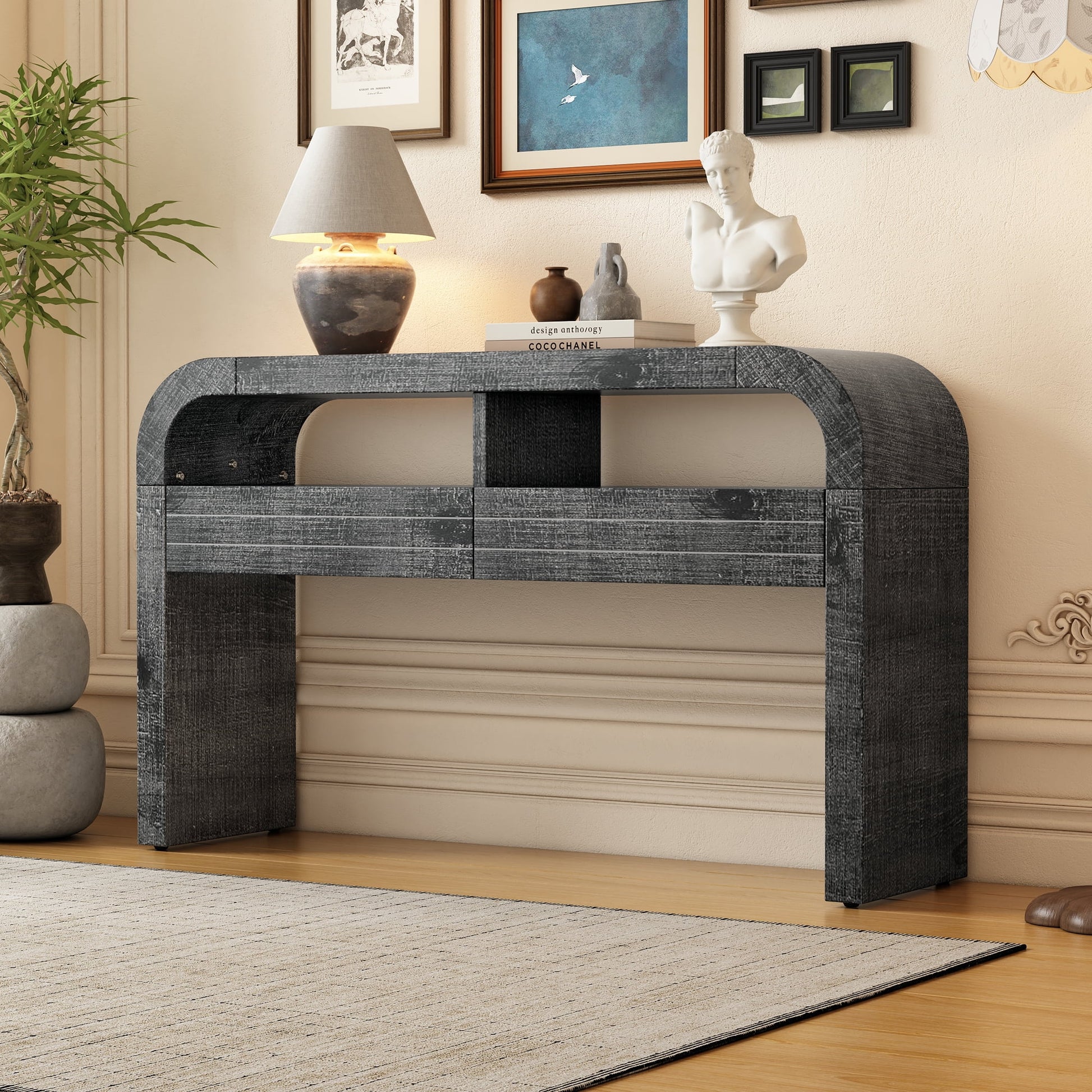 EUROCO 52" Curved Console Table,Retro Narrow Entryway Table Sofa Table with 2 Large Drawers and Open Storage Shelf for Living Room Entrance Hallway,Antique Black