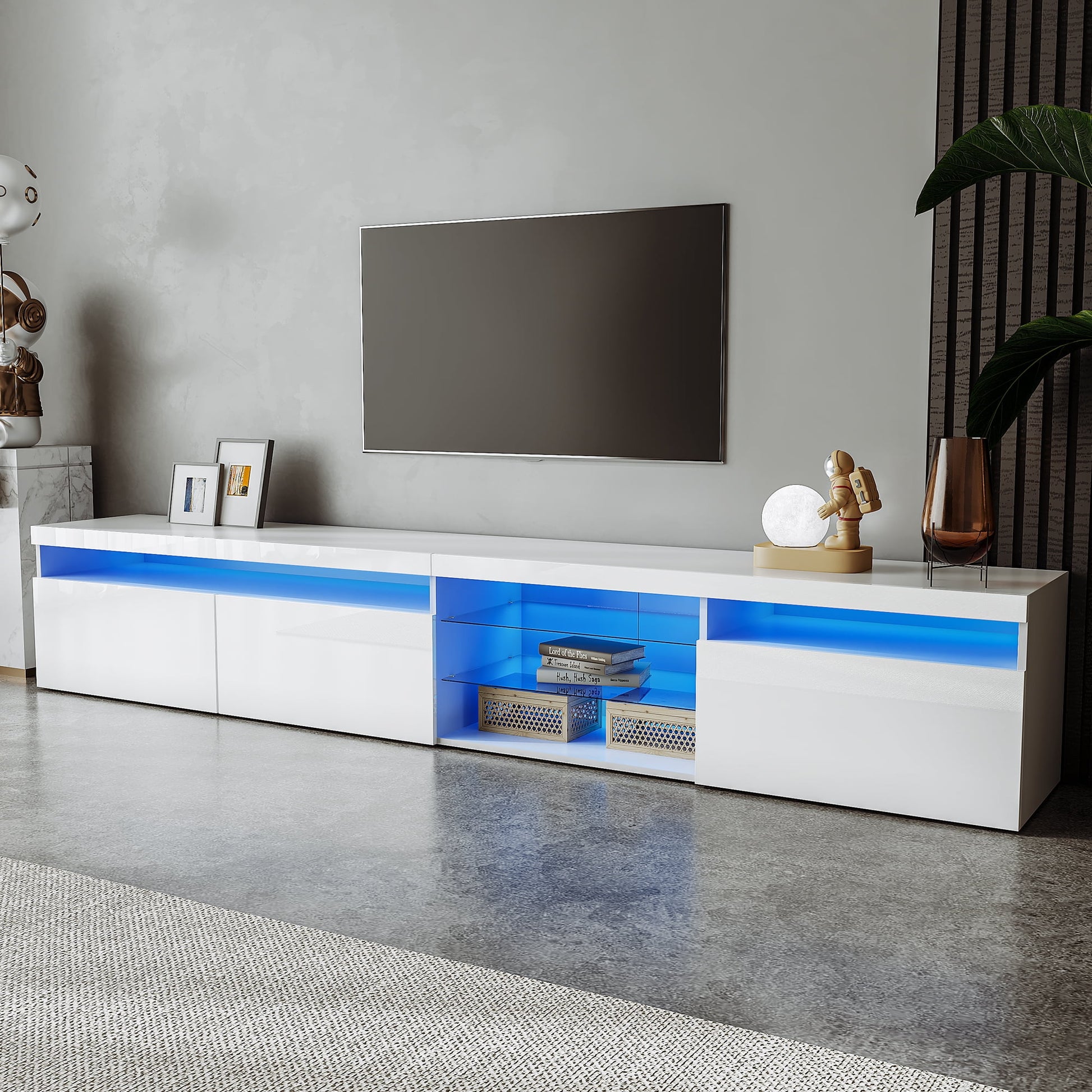 EUROCO 94.5" Longer TV Stand for TVs Up to 100", Versatile Entertainment Center Media Console Table with LED Color Changing Lights 2 Glass Shelves,with Ample Storage Space, White