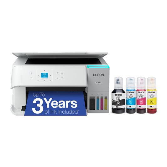 Epson EcoTank ET-2980 Wireless All-in-One Color Supertank Printer with up to 3 Years of Ink, Refillable Tanks, Perfect for Home, 15 PPM, 1.44" Color Screen, Auto 2-Sided Printing - White