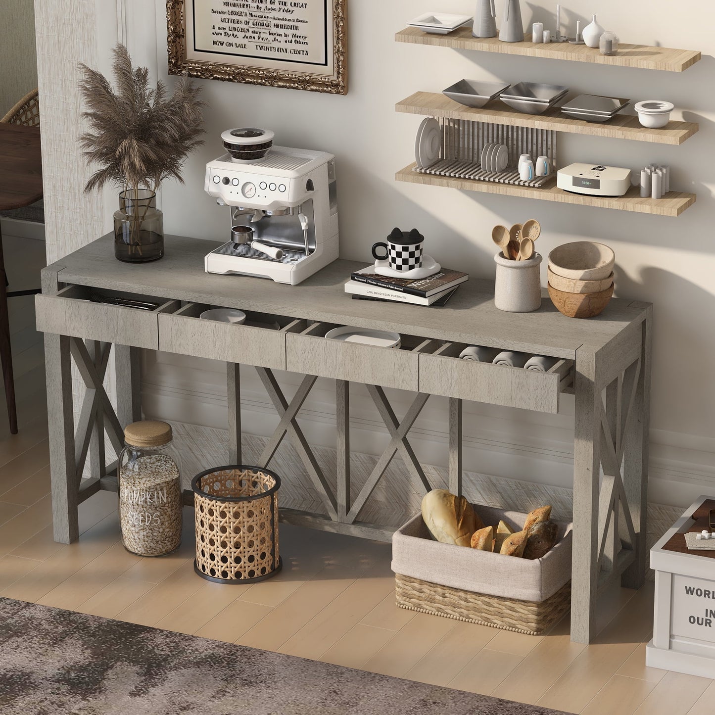 Euroco 60" Wood Console Table with 4 Drawers,Farmhouse Narrow Long Entryway Table Sofa Table with Open Bottom Storage for Living Room,Kitchen,Hallway,Grey