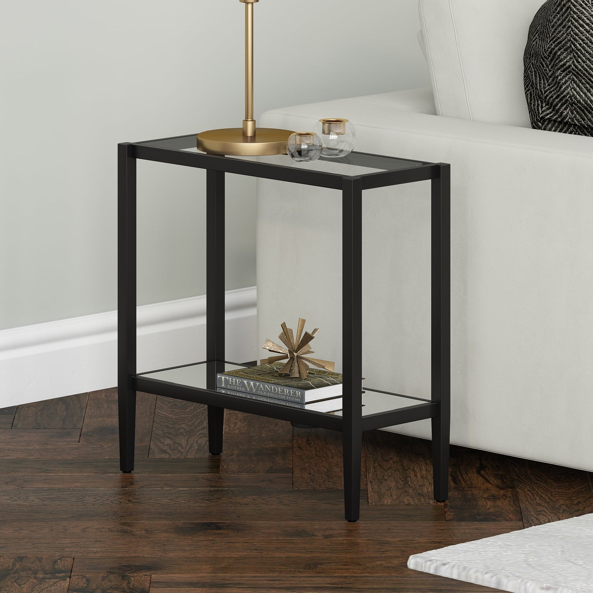 Evelyn&Zoe Hera 24" Wide Rectangular Side Table with Glass Shelf, Blackened Bronze