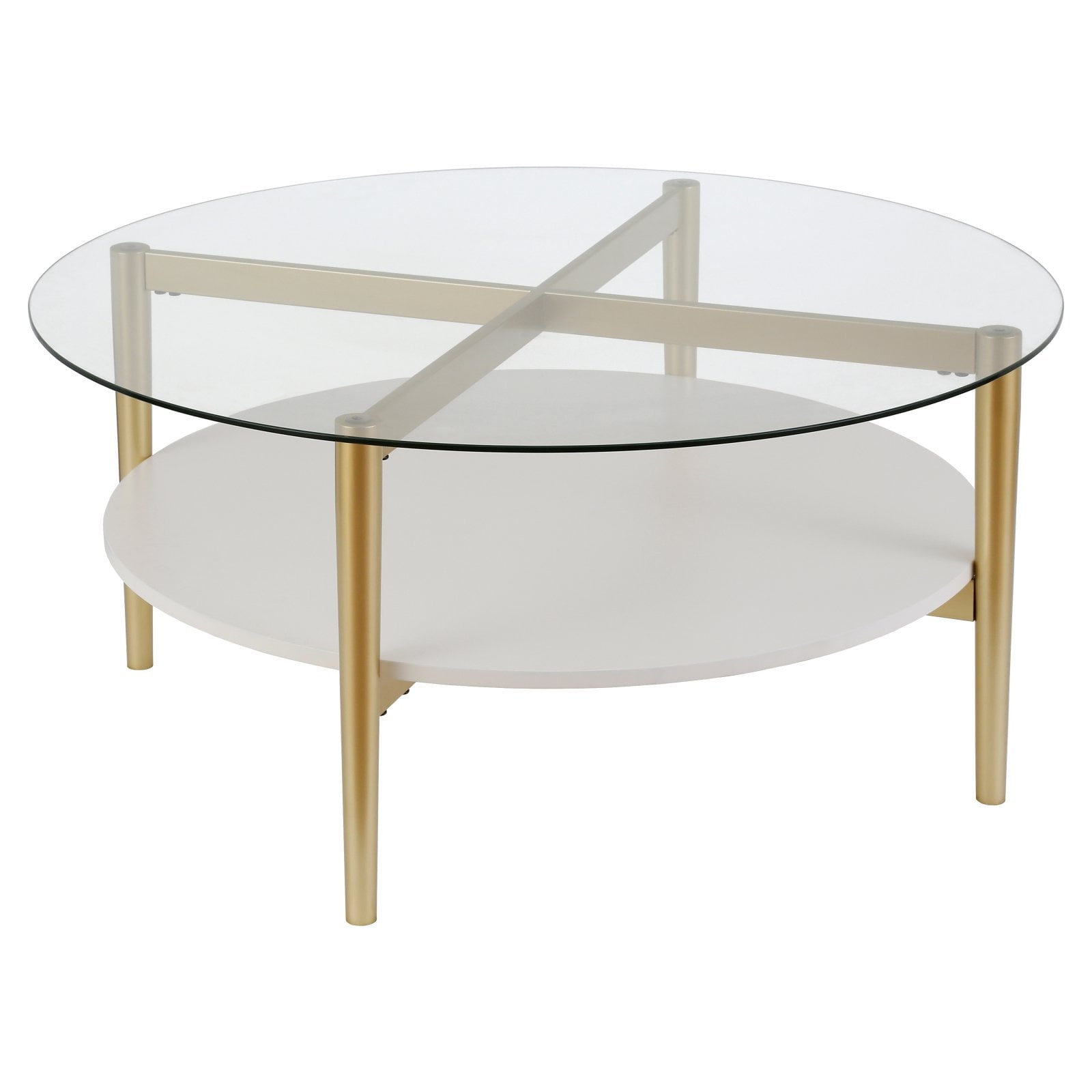 Evelyn&Zoe Otto 36" Wide Round Coffee Table with MDF Shelf, Brass/White Lacquer