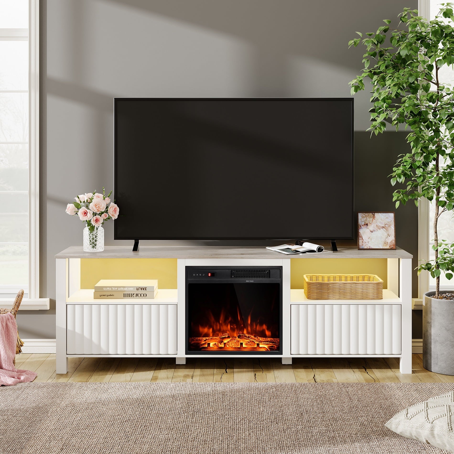 Fireplace TV Stand for TVs up to 75  Inch,White Entertainment Center for 80 inch TV with Electric Fireplace for Living Room Bedroom, 70 inch