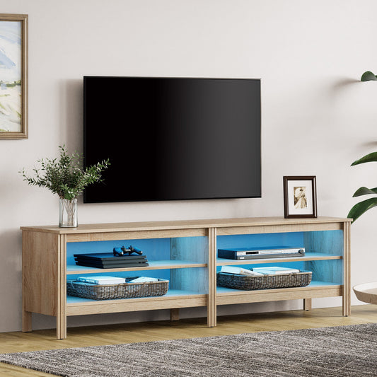Fitueyes Mid-century Modern TV Stand for 75" TV, Oak Media Console with Open Shelves and LED Light for Living Room, 70 Inch