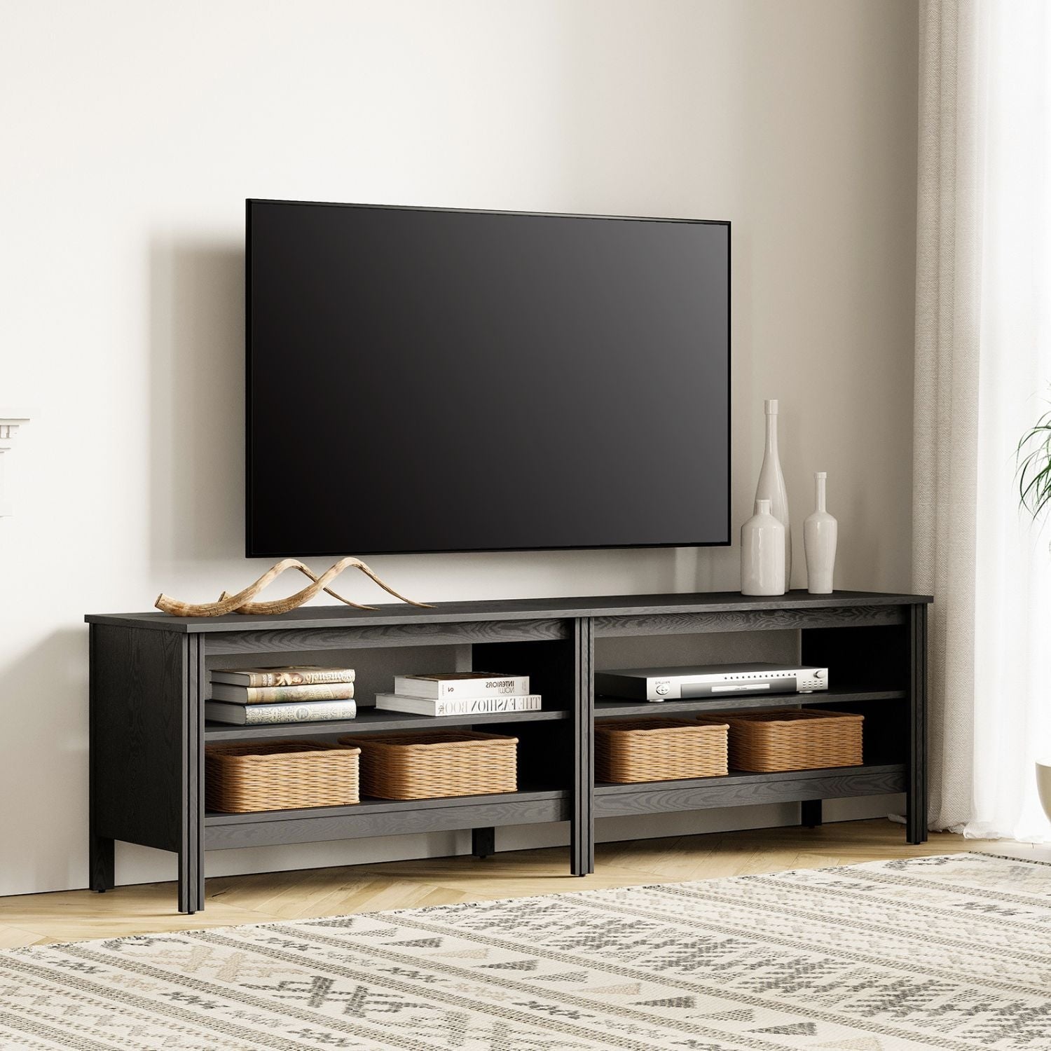 Fitueyes Mid-century Modern TV Stand for 75" TV, black Media Console with Open Shelves for Living Room, 70 Inch