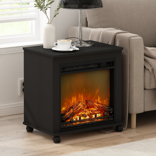 Furinno Jensen Electric Fireplace End Table with Wheels, Americano