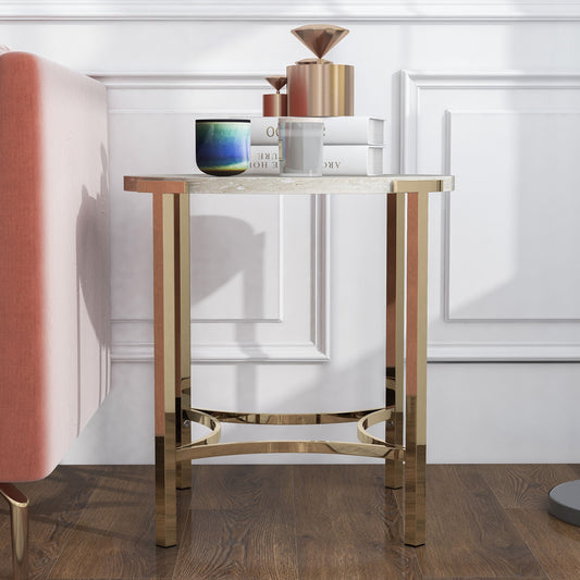 Furniture of America Heure Round Metal Champagne and White End Table