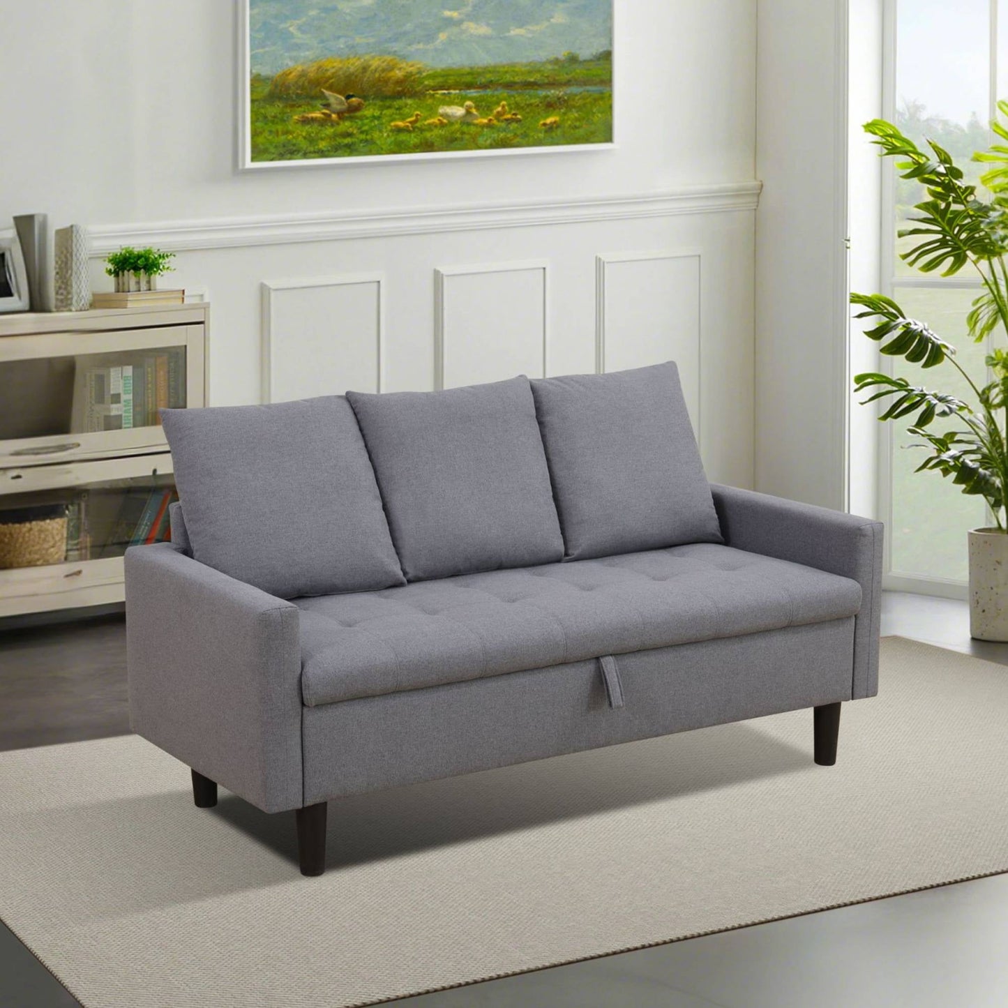 Futon Sofa Bed with Storage, Modern Futon Couch Loveseat Small Couches for Living Room, Grey