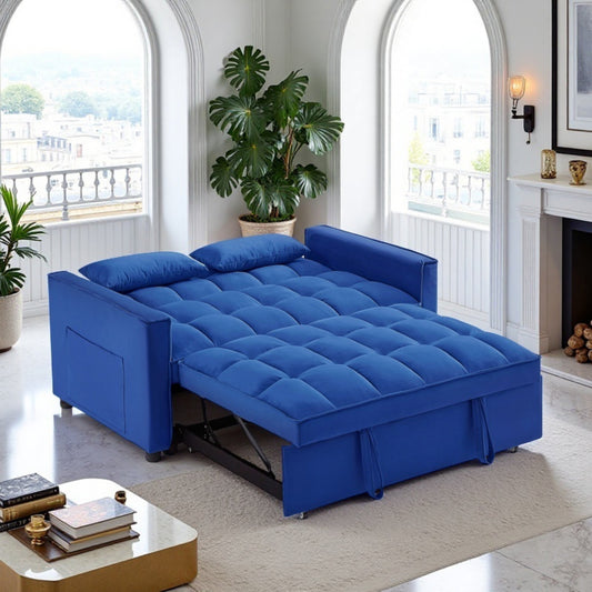 Gewnee 3-in-1 Convertible Sleeper Futon Sofa Bed – 55" Velvet Loveseat with Reclining Backrest, Side Pockets & 2 Toss Pillows – Pull-Out Couch for Living Room, Apartment, Dorm （Blue）