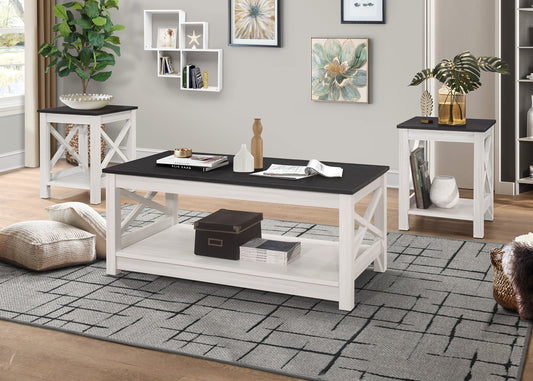 Home Design Wayne 3-Piece Coffee Table Set with 1 Rectangular Coffee Table and 2 Square End Tables, X-Shaped Side Design with Open Shelf for Living Room, Natural Oak/Black