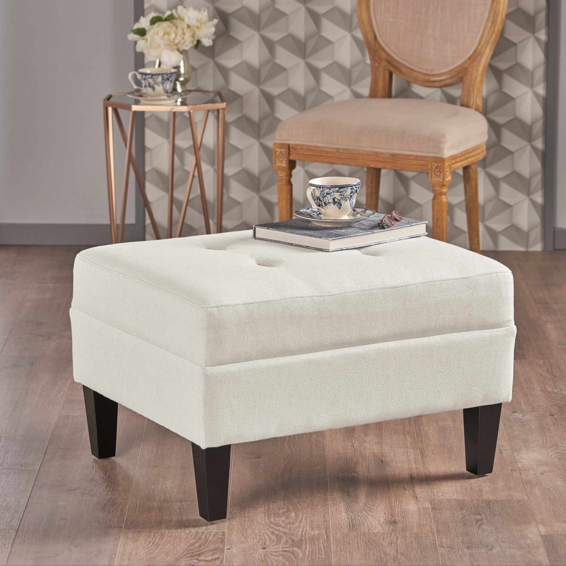 Kamil Elegant Fabric Ottoman with Plush Cushion & Durable Birch Wood Legs, Ivory