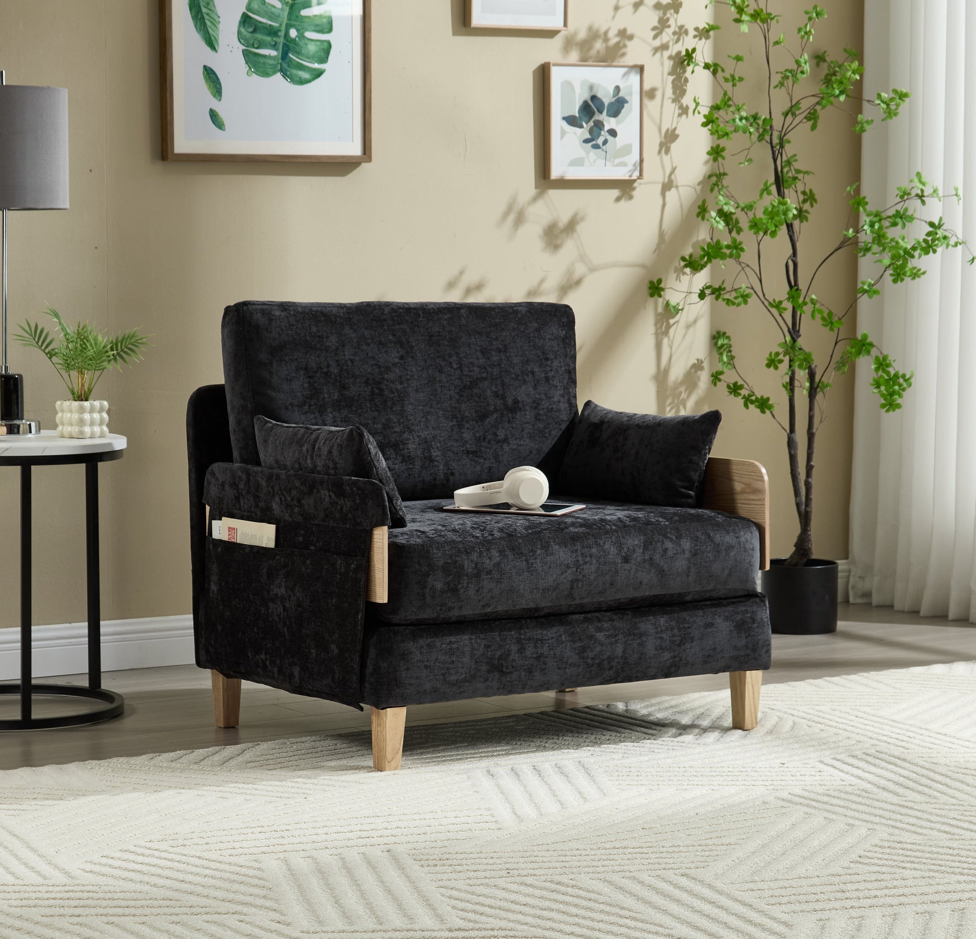 MOONMISS Chenille Upholstered 3-in-1 Convertible Sleeper Foldable Sofa Bed Recliner Chair with 3 Pillows-Black