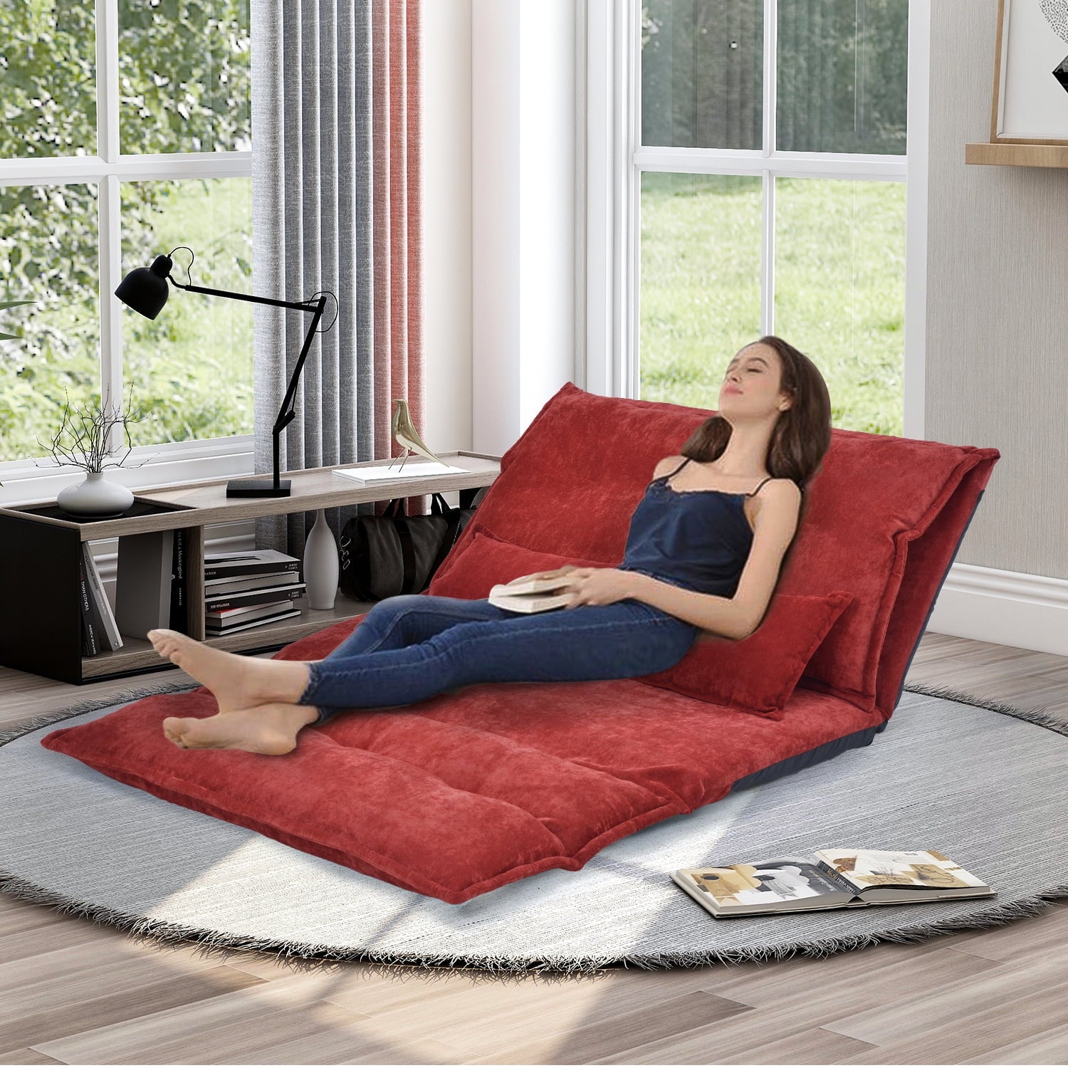 Merax Fabric Foldable Floor Sofa/Bed with Two Pillows, Red