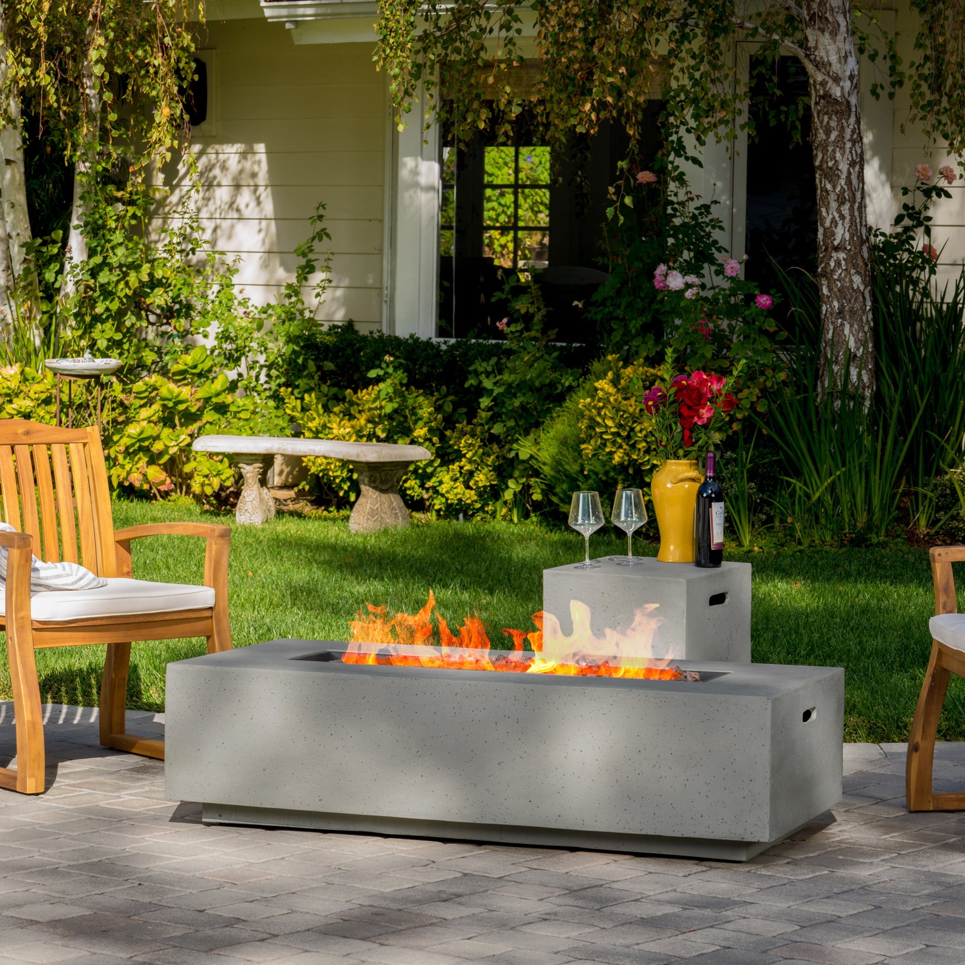 Noble House Alison 56" Rectangular MGO Fire Table, 50,000 BTU with Tank Holder, Light Grey
