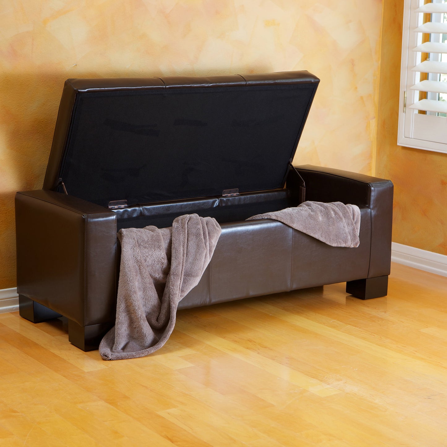 Noble House Jamestown Contemporary Tufted Bonded Leather Storage Ottoman Bench, Brown