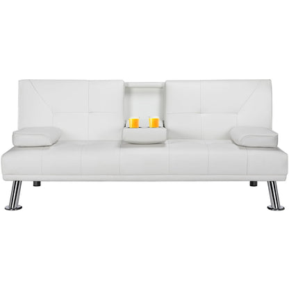 Renwick LuxuryGoods Modern Faux Leather Futon with Cupholders and Pillows, White