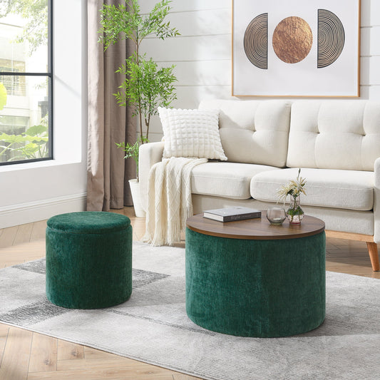 Round Ottoman with Storage Set of 2,Chenille Storage Ottoman with Small Stool for Living Room,Bedroom,Dark Green