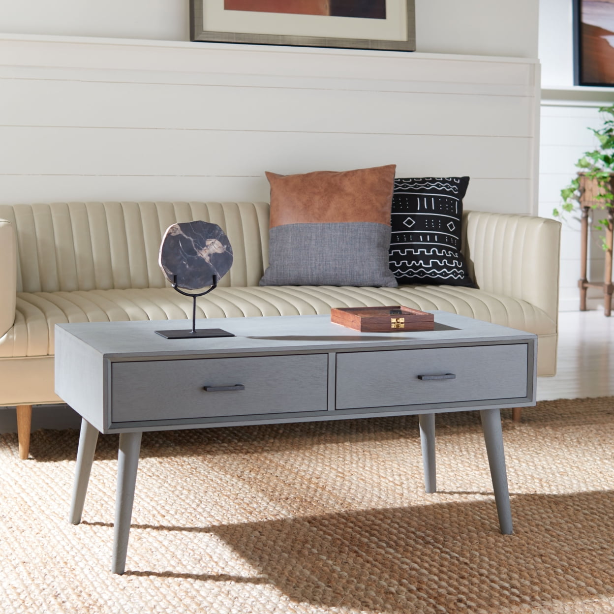 SAFAVIEH Mozart Mid-Century 2 Drawer Coffee Table, Distressed White