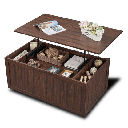SinCiDo Farmhouse Coffee Table with Storage for Living Room, Lift Top Coffee Table w/Sliding Groove Barn Door