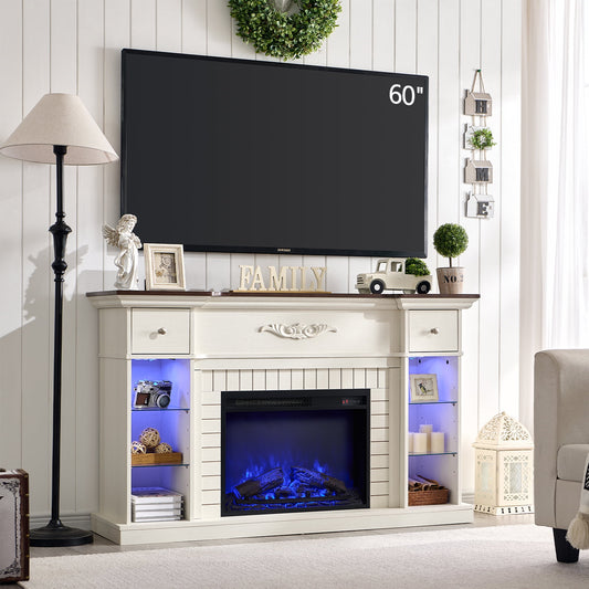 SinCiDo Fireplace TV Stand for 60 Inch, Farmhouse LED Entertainment Center w/7 Color for Living Room
