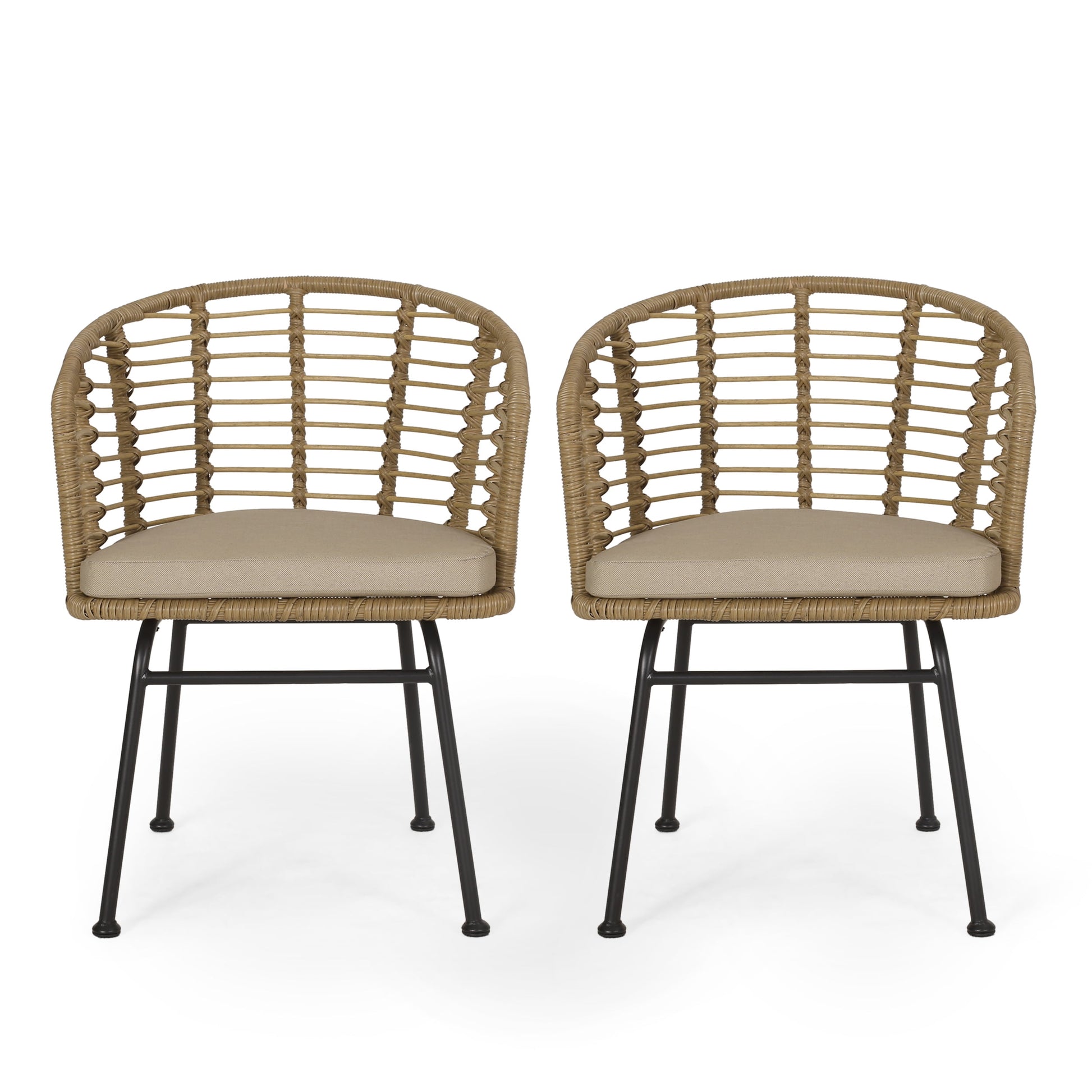 Sonnette Wicker Outdoor Chair with Water Resistant Cushion, Set of 2, Light Brown and Beige