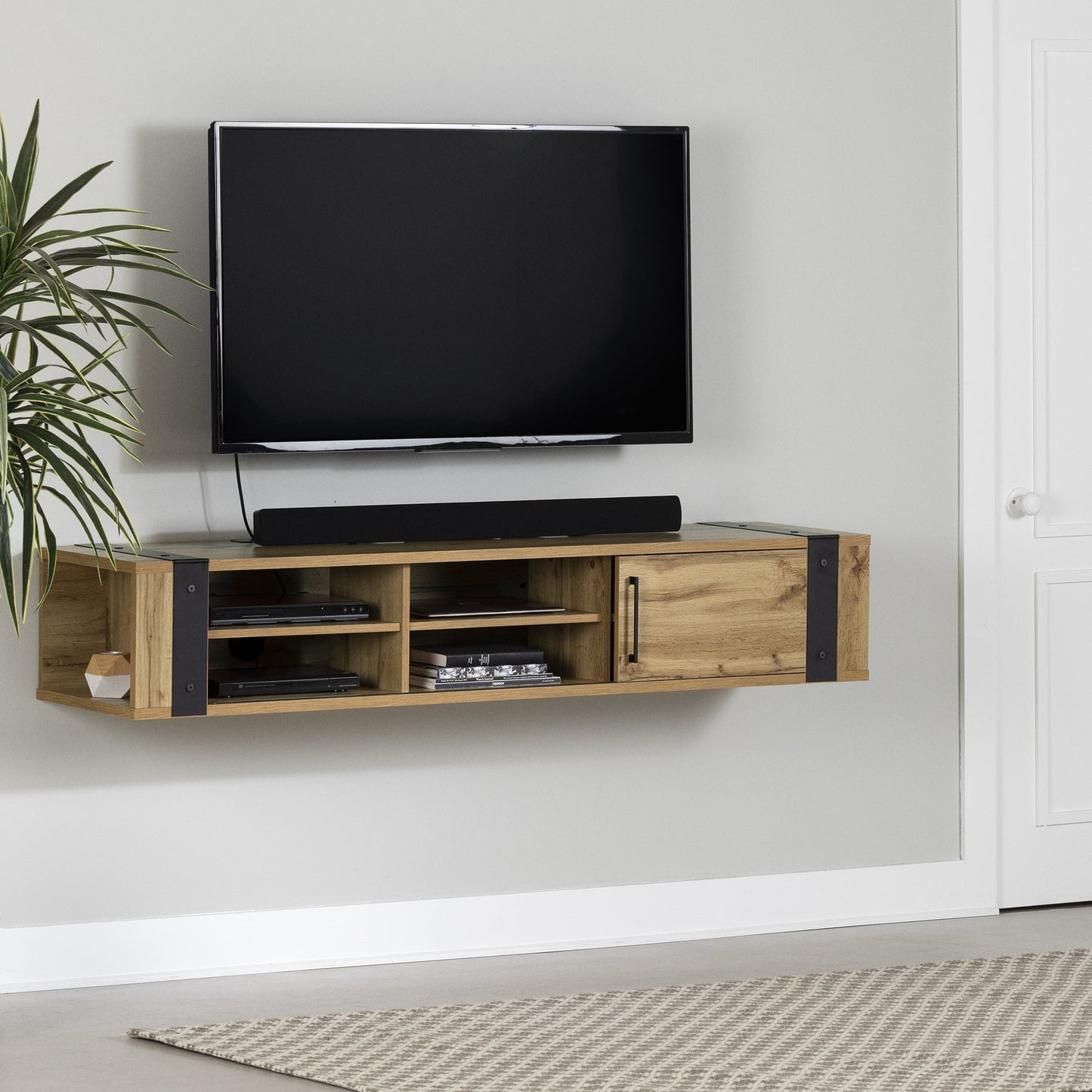 South Shore Munich Wall Mounted TV Stand, 75" Screen or less, Weathered Oak