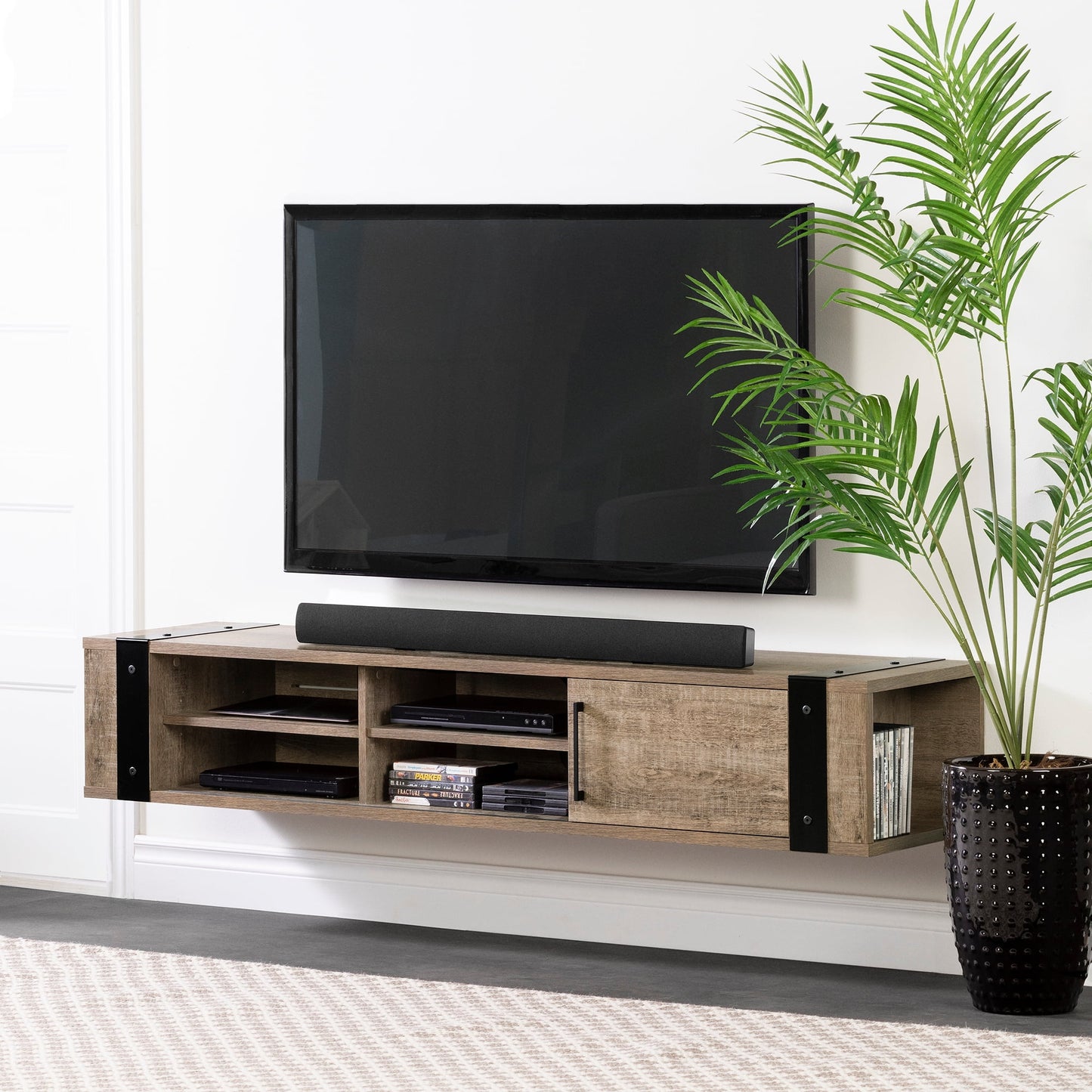 South Shore Munich Wall Mounted TV Stand, 75" Screen or less, Weathered Oak
