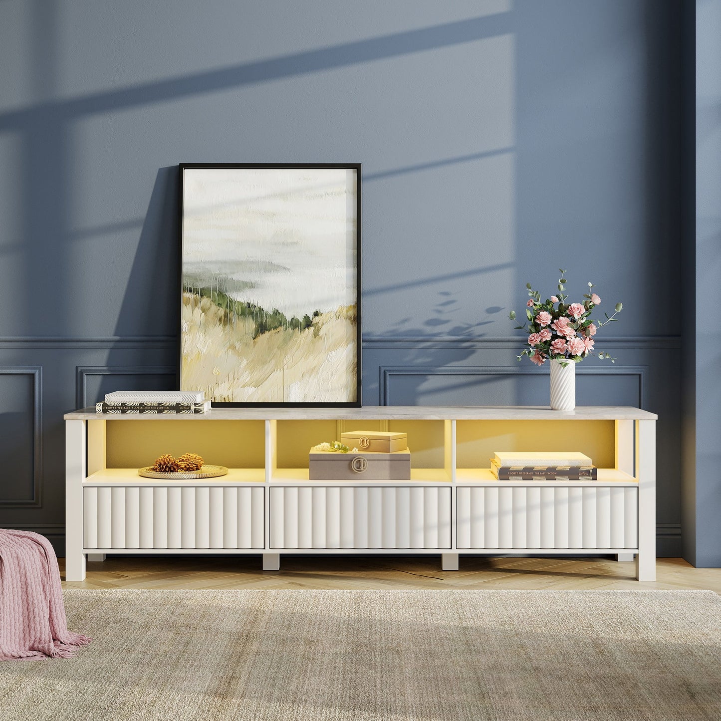 TV Stand for 80 inch, LED Wood TV Console Media Storage Cabinet for 75 inch TV Entertainment Center with 6 Storages for Living Room Bedroom, 70 inch