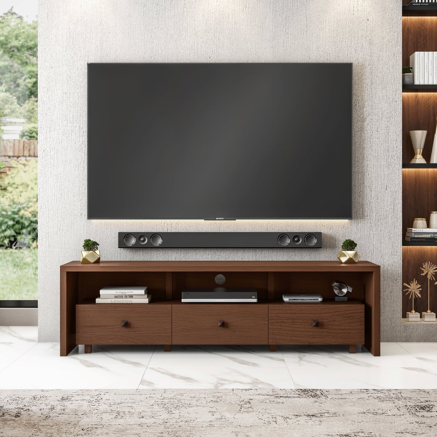 Techni Mobili Elegant Modern TV Stand for TVs up to 75" with Storage, Wood-like Finish, Hickory Brown RTA-8895-HRY