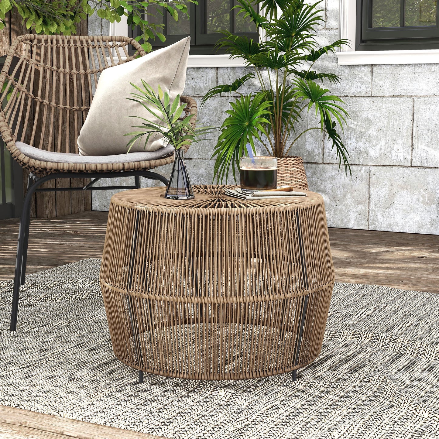 Tisch PE Wicker Rattan Outdoor Round Coffee Table in Natural