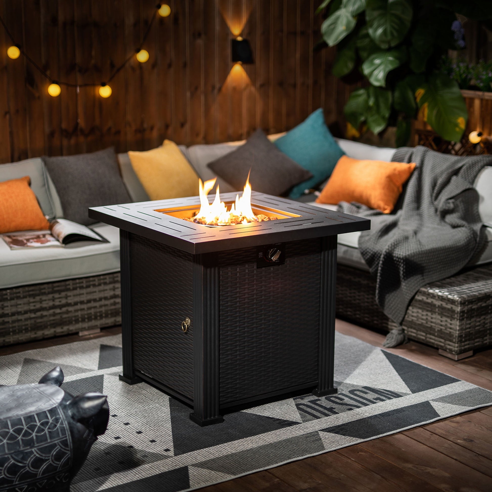 TrumanPick 28" Propane Gas Fire Pit Table 50,000 BTU Square Steel Gas Fire Pit with Beautiful Wicker Base for Outdoor Patio Deck Garden Backyard-Black