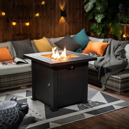 TrumanPick 28" Propane Gas Fire Pit Table 50,000 BTU Square Steel Gas Fire Pit with Beautiful Wicker Base for Outdoor Patio Deck Garden Backyard-Black