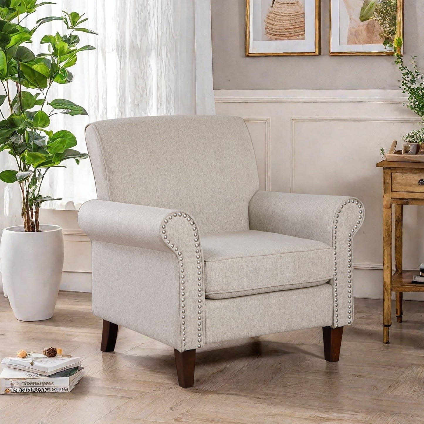 TrumanPick Mid-Century Accent Chair Single Sofa Reading Chairs Comfy Arm Chair Living Room Lounge Chiar, Beige