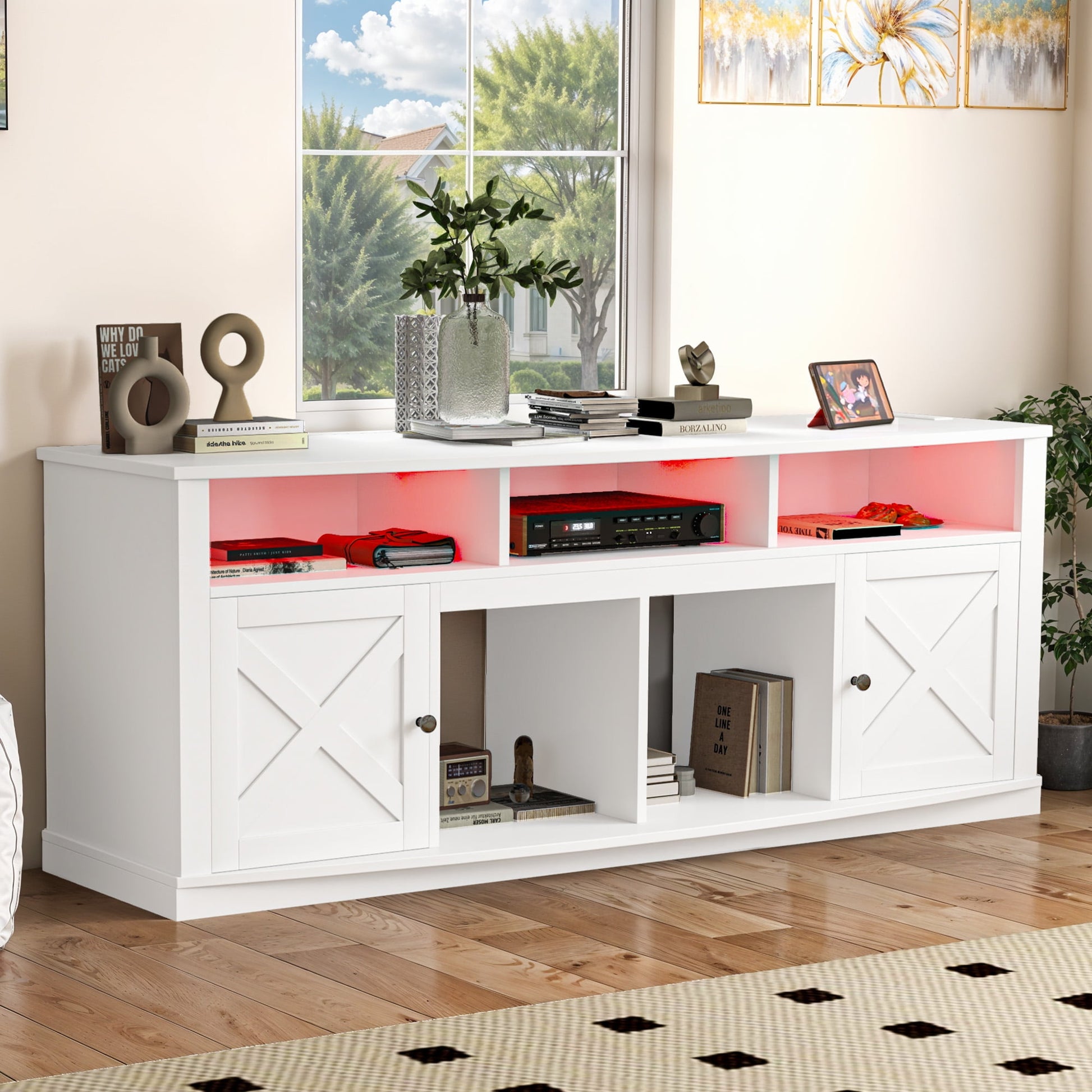 Uforic 70 Inch White Farmhouse TV Stand Suitable for TVs up to 80 Inches for Living Room, White