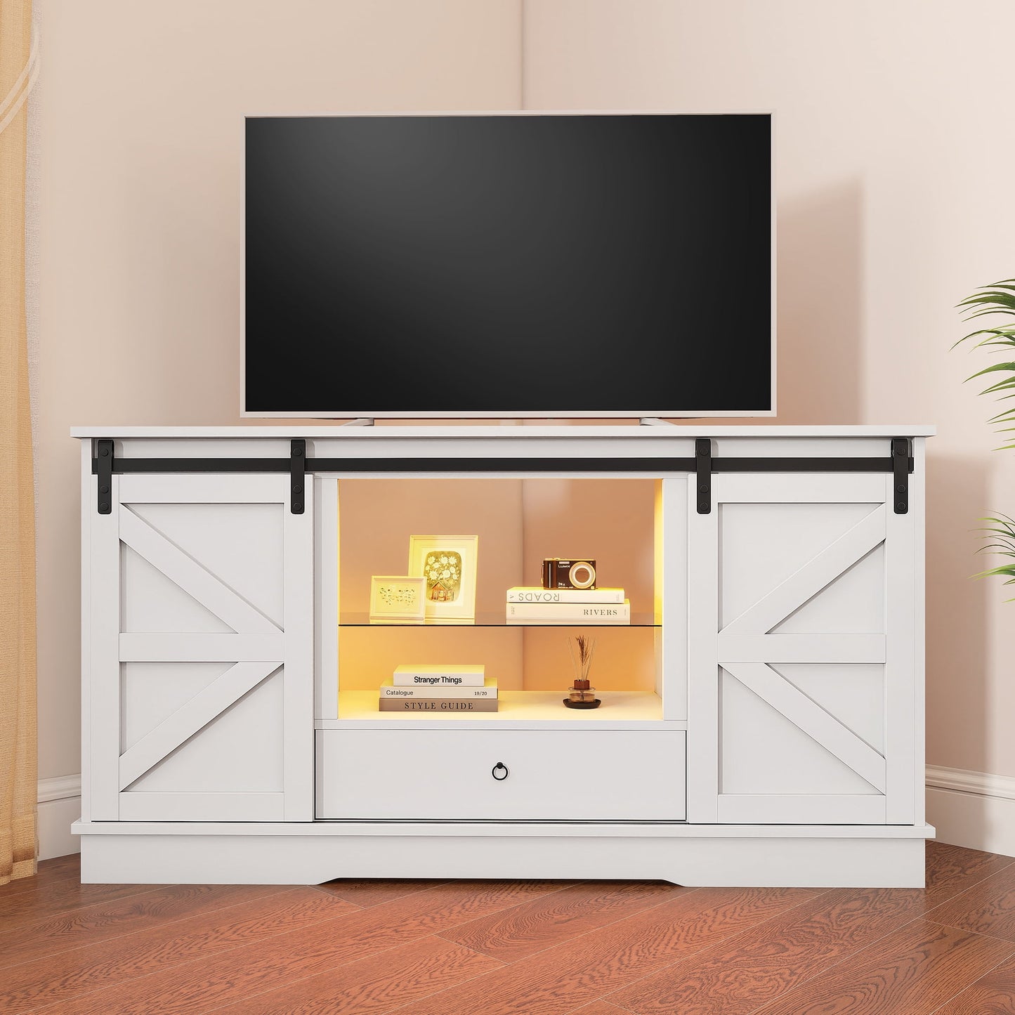 Uforic Corner Media Console with Sliding Barn Door, Built-in Power Outlet & LED Strip, TV Cabinet for Living Room, White