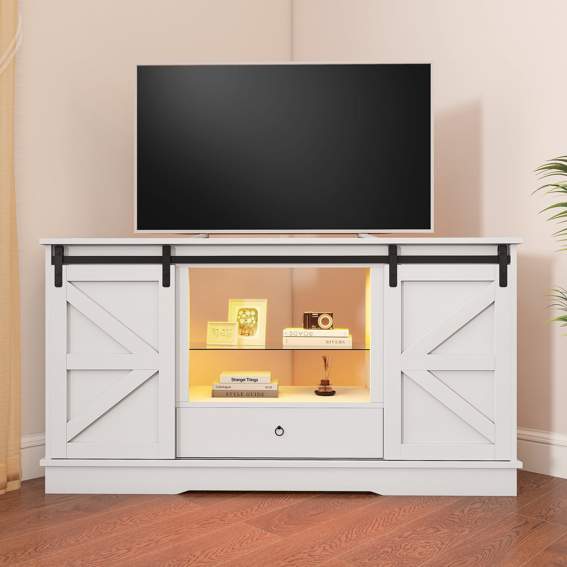 Uforic Corner Media Console with Sliding Barn Door, Built-in Power Outlet & LED Strip, TV Cabinet for Living Room, White