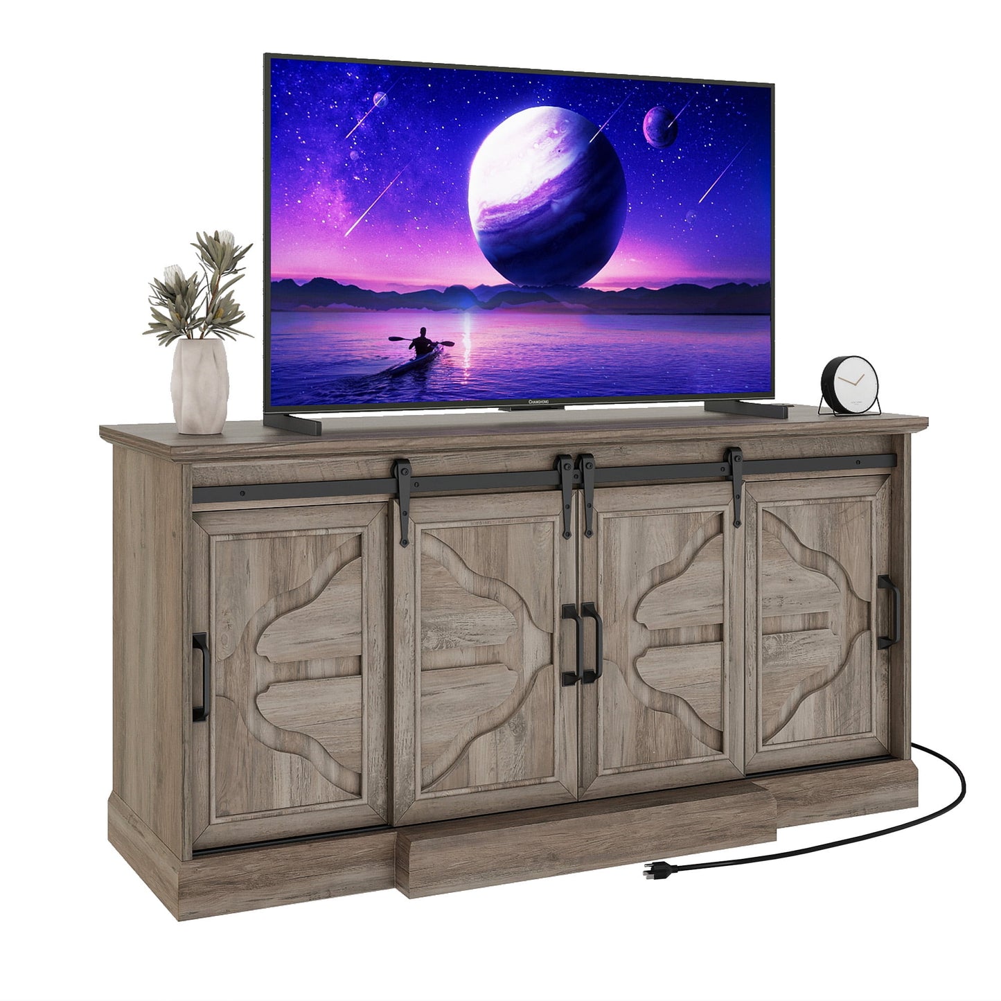 Uforic Large TV Stand with Power Outlets for TVs up to 70 Inch, Farmhouse Entertainment Center, White and Brown
